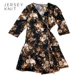 NEW Lularoe L Michelle Wrap Dress Brown Cream Roses Floral Fall 3/4 Sleeve NWT